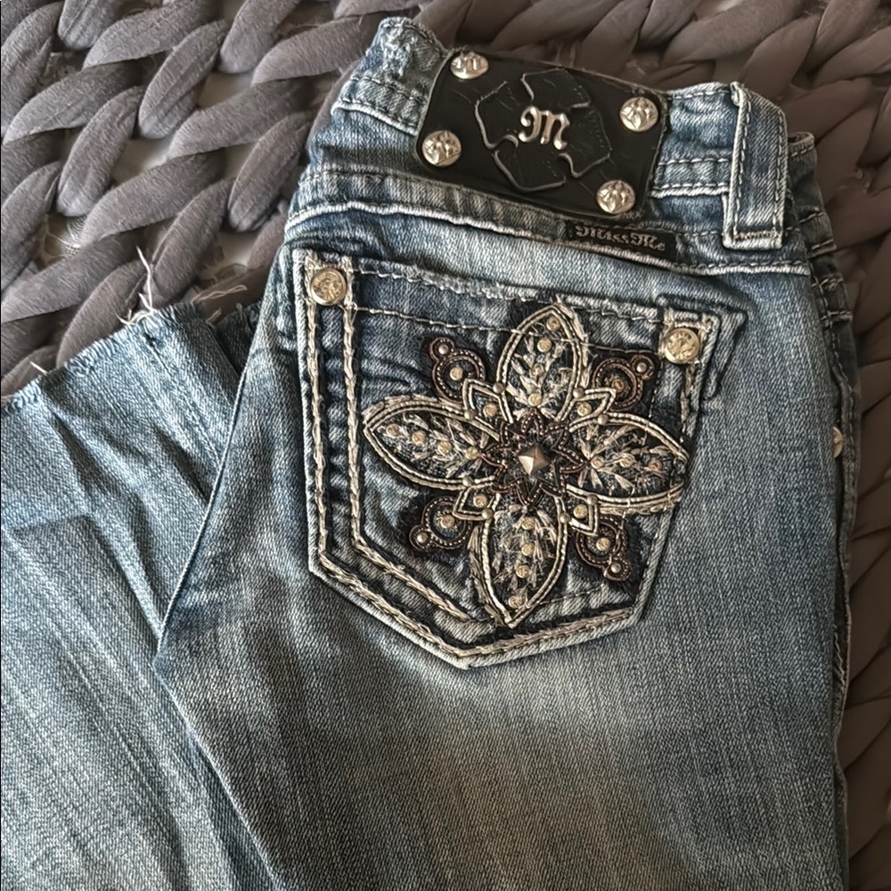 Miss Me Blue Boot Cut Jeans with Ornate Back Design